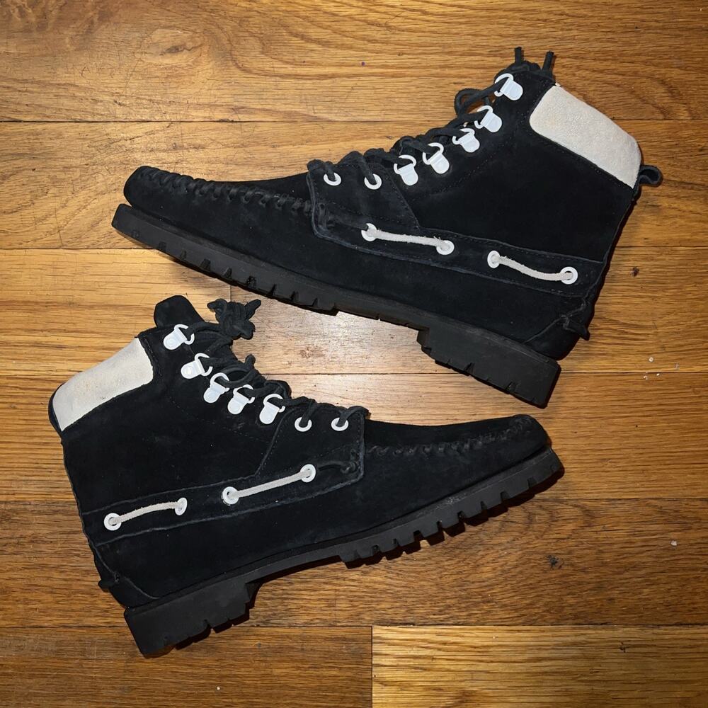 Sebago Delancey Lace Up Suede Black/White Moccasin Boots Women Sz 9.5/Men 8 RARE